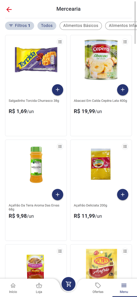 Semar Entrega - Screenshot dell'app Semar Entrega che mostra un elenco di prodotti alimentari con prezzi e pulsanti aggiungi al carrello