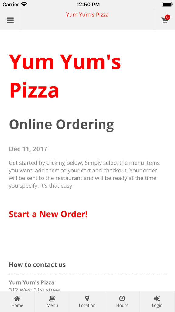 Yum Yums Pizza mobile app home screen for online ordering in Erie PA