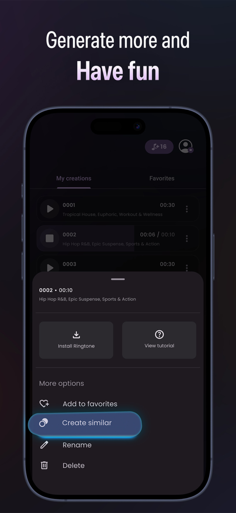 Ai Ringtone Generator: RingLab - Screen showing a list of custom AI generated ringtones with options to install rename or create similar ones in the RingLab app