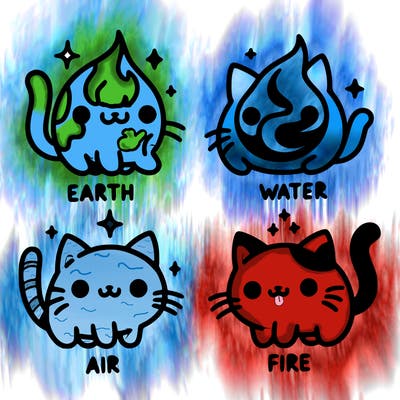 4 cats that represent the different elements, earth, water, air, and fire