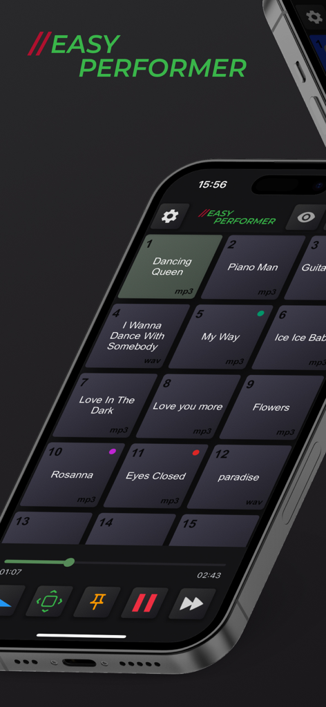 Interface de l'application Easy Performer montrant des pads de chansons pour une performance live.