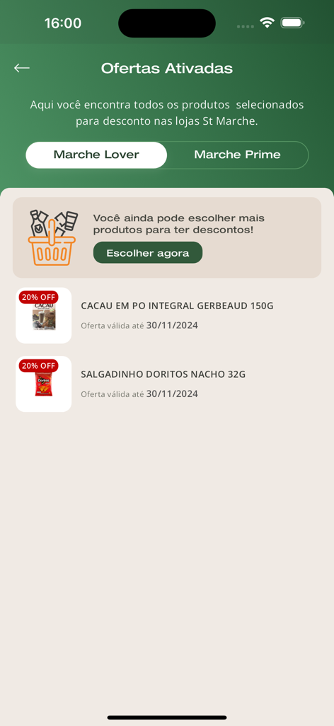 St Marche app screen displaying activated personalized offers and discount vouchers for premium grocery items
