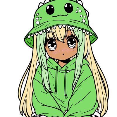 girl with anime shaped eyes with a dinosaur bucket hat oversized sweatshirt long straight hair