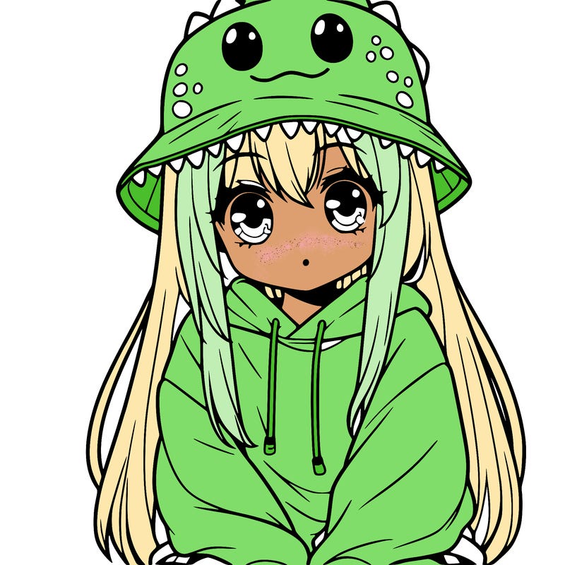 girl with anime shaped eyes with a dinosaur bucket hat oversized sweatshirt long straight hair