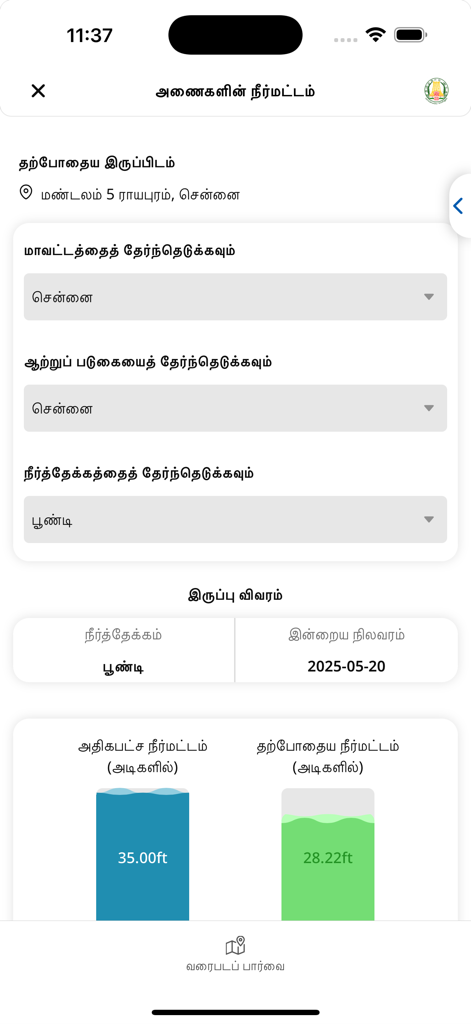 TN-Alert app screen displaying real-time dam water level and storage capacity data in Tamil.