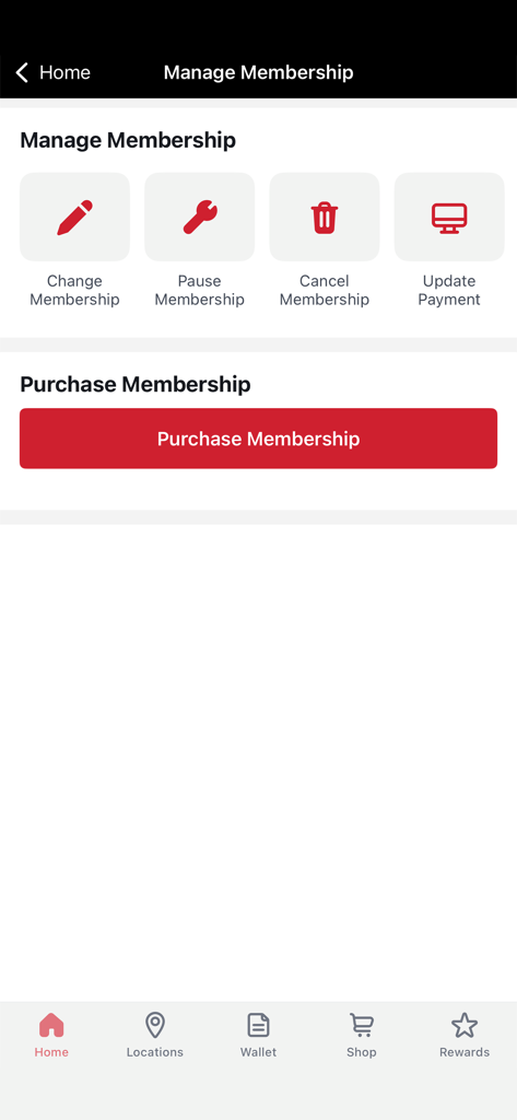 Interface of the Club Car Wash app for managing memberships and subscriptions