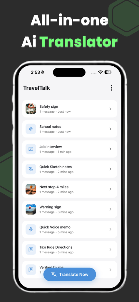 Real Time Translator -RTT Live - リアルタイム翻訳アプリ。音声メモやカメラキャプチャを含む、保存された翻訳セッションのリストが表示されています。