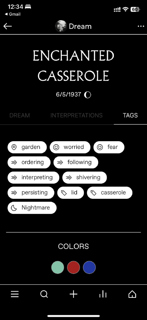 Elsewhere Dream Journal - A screenshot of the Elsewhere Dream Journal app showing automatic tags and color palettes for a dream titled Enchanted Casserole