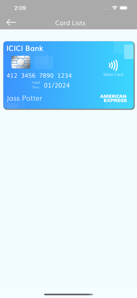 金庫アプリのカードリストセクション内に安全に保存されたデジタルデビットカード。