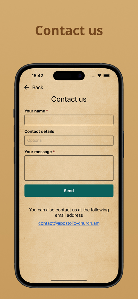 Contact form in the Matyan Voxbergutyan Narekatsi app showing name and message fields on a parchment style background