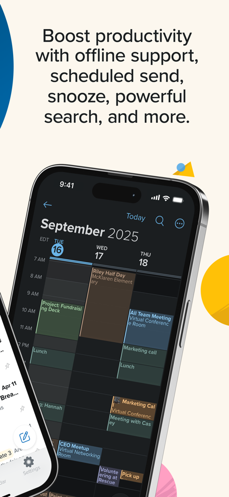 Fastmail mobile app calendar interface showing professional schedule and productivity features text.