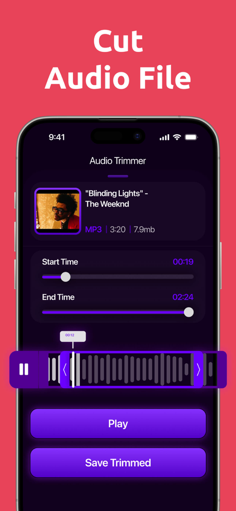 Interface of the MP3 Audio Converter app showing the audio trimmer tool with start and end time sliders and a waveform for cutting a song