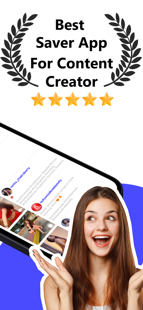 Grafica promozionale per l'app Story Saver che mostra una valutazione a cinque stelle e una donna sorridente che indica uno schermo del telefono con contenuti di Instagram.