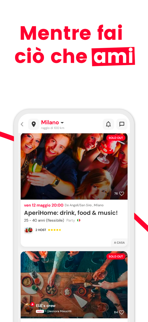 comehome! - Interface of the comehome app displaying local social events and gatherings with photos of people socializing
