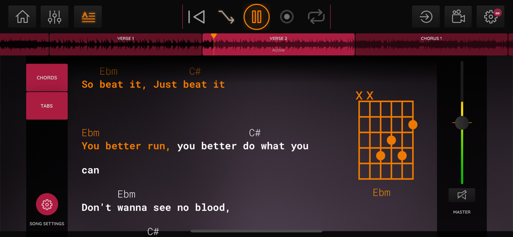 JamFactory - Multitrack Tunes - JamFactory app showing lyrics and guitar chord diagrams for live performance