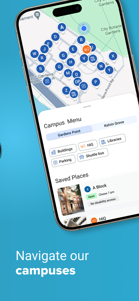 Mobile app interface showing an interactive map of the QUT Gardens Point campus with building markers and parking information.