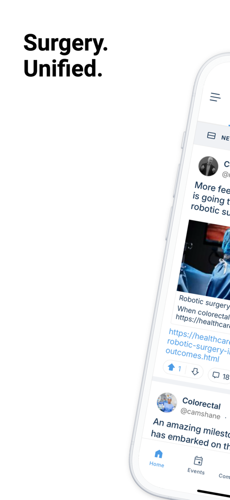 SurgeOn app interface showing a feed of surgical posts and the slogan Surgery Unified