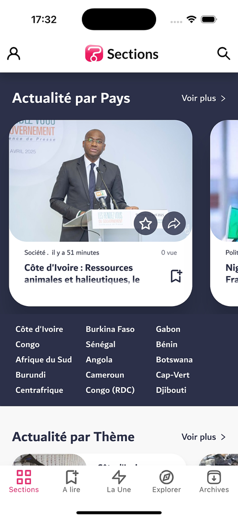 Pantalla de la aplicación Koaci que muestra categorías de noticias por países africanos y artículos destacados