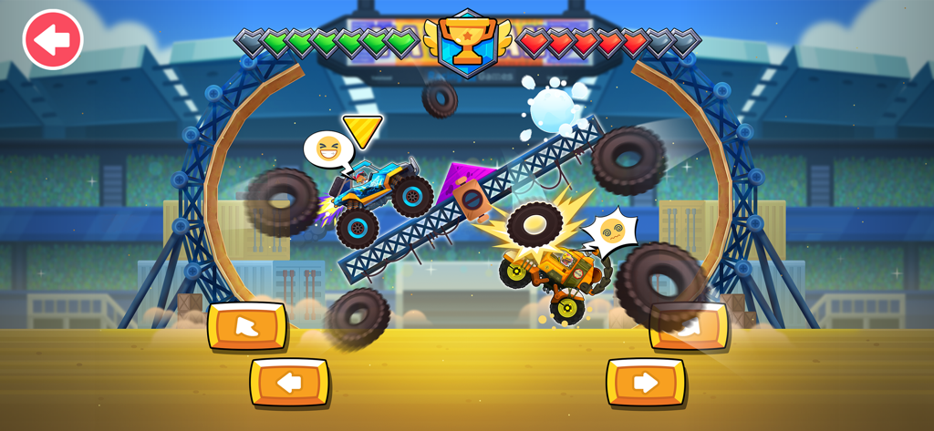 Monster Truck Games kids - Eine lebendige Monstertruck-Spielszene mit zwei bunten Trucks, die in einem Stadion kollidieren, mit fliegenden Reifen und Sprechblasen