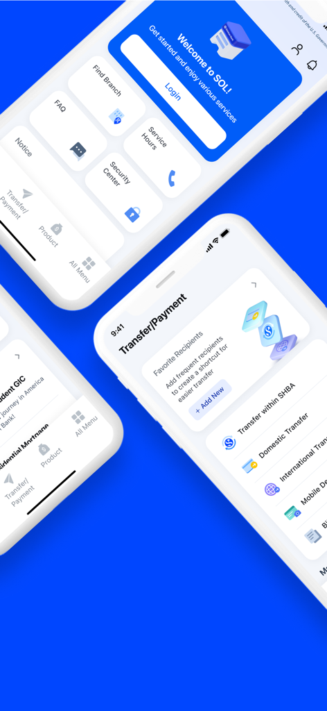 Shinhan Bank America - Mobile app interface of Shinhan Bank America showing login and transfer menus