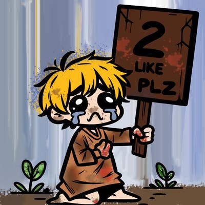 small poor toddler crying with sign that says 2 like plz