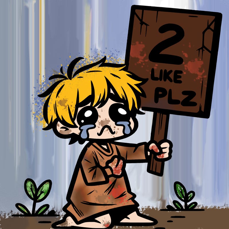 small poor toddler crying with sign that says 2 like plz