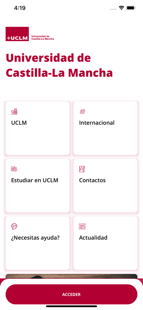 UCLM U. de Castilla-La Mancha - Dashboard of the UCLM university app with navigation cards for news international students and contacts