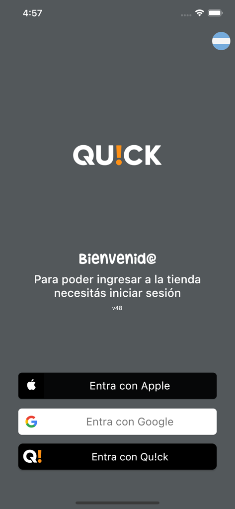 Welcome screen of the Quick Scan and GO app with login options for Apple and Google