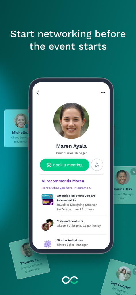 Swapcard - Smart Event App - A mobile phone screen from the Swapcard app displaying AI-powered networking recommendations and a button to book a meeting with a professional contact.
