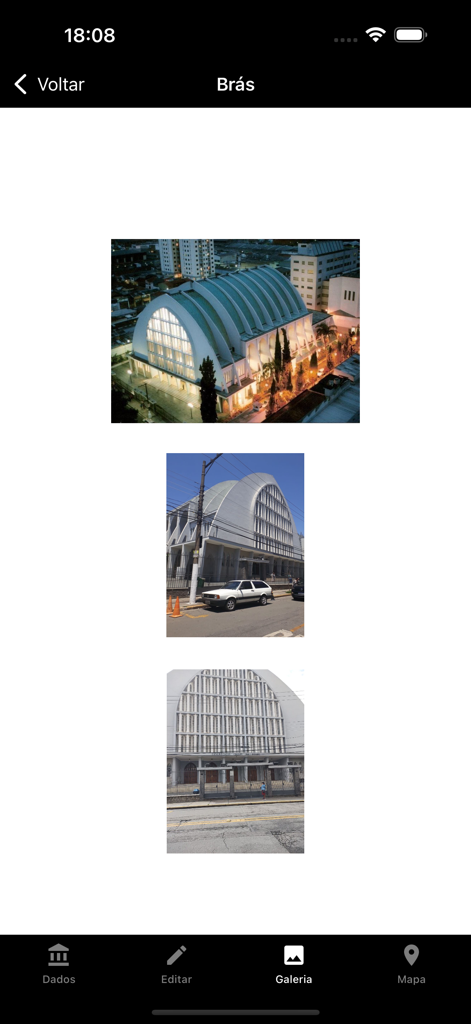 Relatório CCB - Uma tela de galeria dentro do aplicativo Relatorio CCB exibindo fotos da arquitetura do prédio da igreja da congregação do Brás.