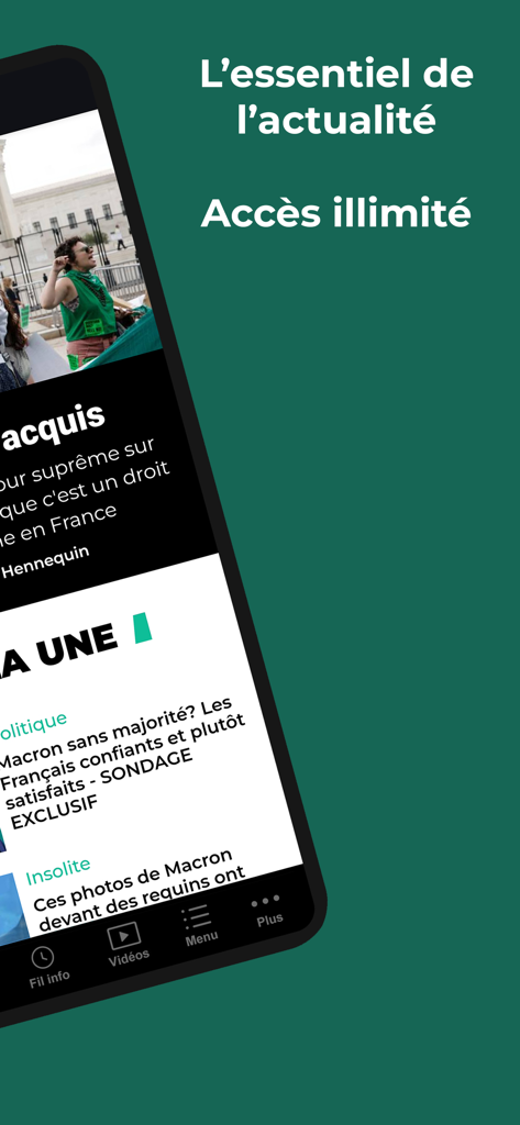 Le HuffPost - Un écran mobile montrant l'interface de l'application d'actualités Le HuffPost avec des titres français et un menu de navigation sur fond vert.