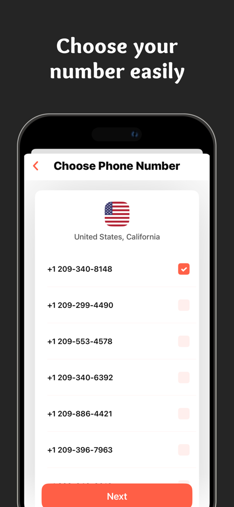 Texter: Second Texting Number - Texter app interface for choosing a second US phone number from California