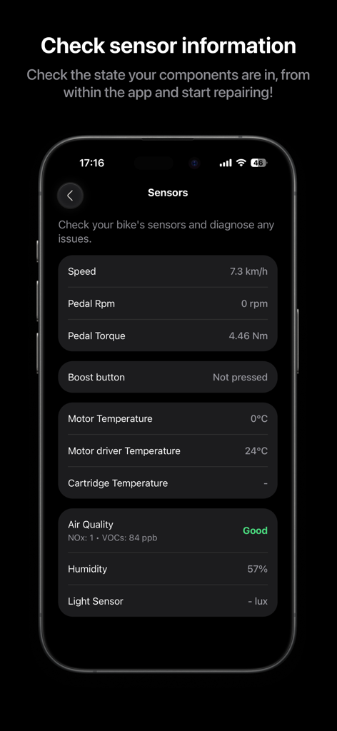 MoofMate - MoofMate app interface showing real-time VanMoof e-bike sensor data including speed, torque, and motor temperature