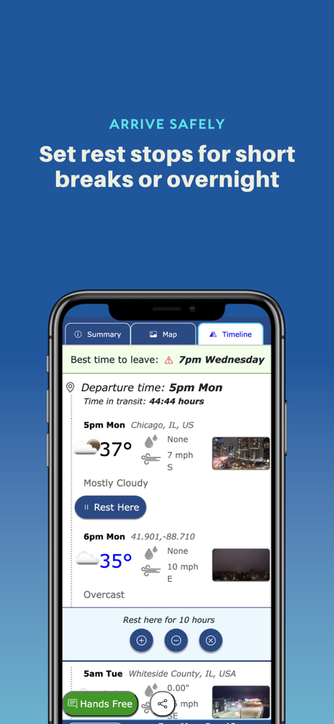 Highway Weather - Screenshot of the Highway Weather app timeline showing weather forecasts and rest stop settings for a road trip
