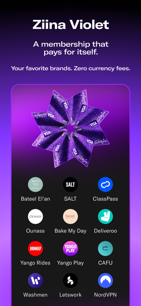 Ziina Violet membership screen showcasing the exclusive purple Visa card and lifestyle partner brands like Deliveroo and ClassPass