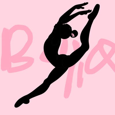 gymnast doing a leap in a leotard with a bent back leg