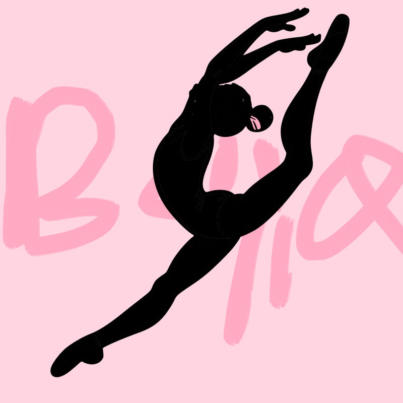 gymnast doing a leap in a leotard with a bent back leg