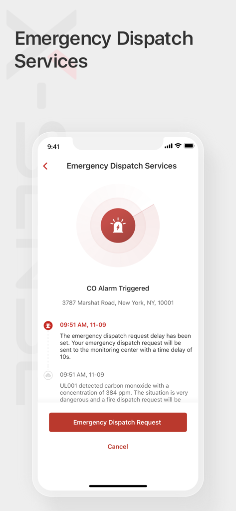 X-Sense Home Security - Emergency dispatch services screen in the X-Sense Home Security app showing a triggered carbon monoxide alarm alert with options to request help.