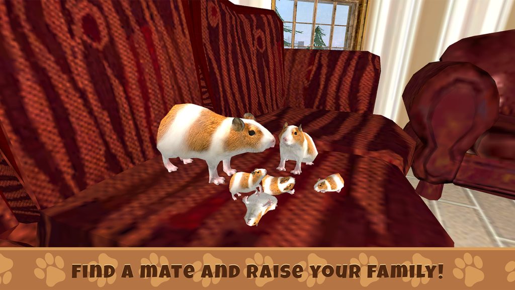 Guinea Pig Simulator Game - A guinea pig family with parents and babies on a red couch in Guinea Pig Simulator Game.