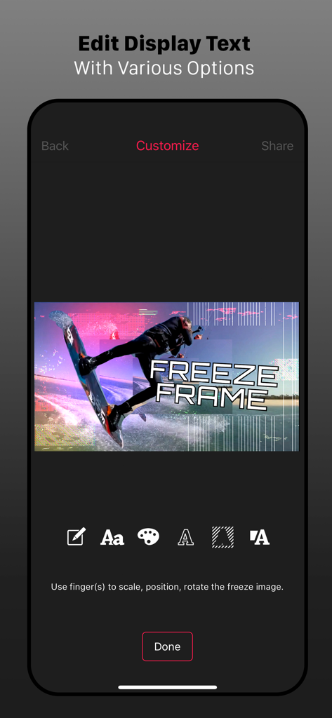 Freeze Frame Intro Movie Maker - Interface do aplicativo de criação de filmes mostrando opções de edição de texto para uma intro de vídeo.