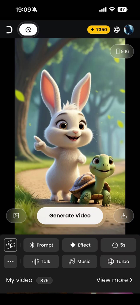 Interfaz de la aplicación Digen mostrando una animación generada por IA de un conejo y una tortuga con herramientas de creación de vídeo