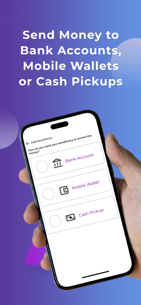 Smartphone screen displaying LMPAY money transfer options including bank account mobile wallet and cash pickup