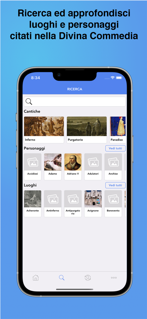 Divina Commedia - Search interface of the Divina Commedia app showing categories for canticles characters and locations