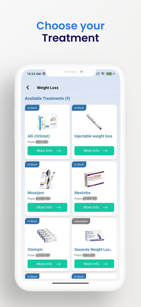 Ecrã mostrando medicamentos para perda de peso disponíveis como Ozempic e Mounjaro na aplicação Prescription Doctor