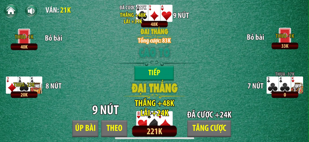 Tiến Lên - Tien Len - Gameplay screen of a Vietnamese offline card game showing player hands and betting buttons