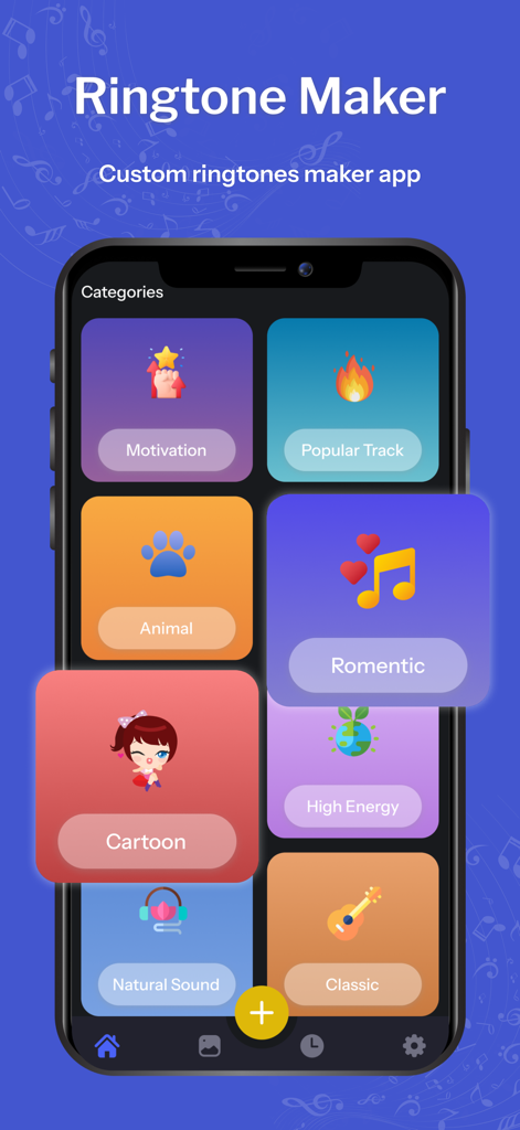 Ringtone Maker: Music Cutter - Ringtone Makerアプリのインターフェース。モチベーション、人気トラック、ロマンチックなどのさまざまな着信音カテゴリが表示されています。