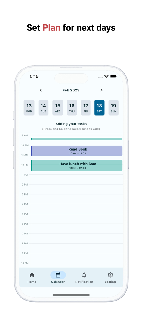 Note, Voice Notes, Todo Widget - Vista del horario diario en la aplicación Note Master que muestra tareas codificadas por colores para leer y almorzar en una línea de tiempo de calendario