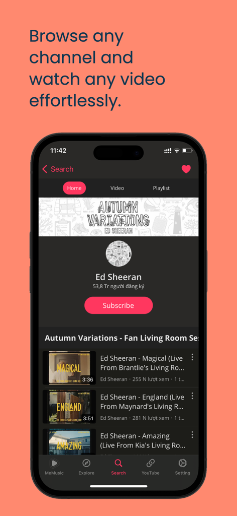 MeMusic - Stream Music, Video - A mobile screenshot of the MeMusic app displaying an artist channel with a list of music videos to stream.