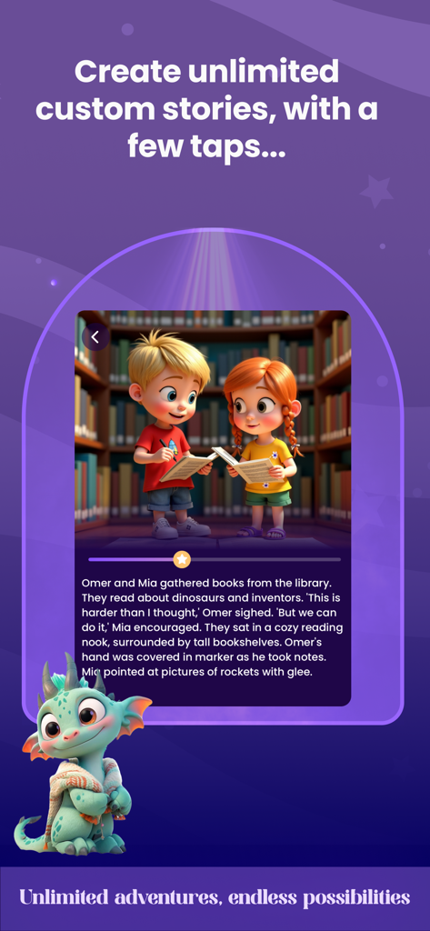 StoryWizard: Create Storybooks - Interface of the StoryWizard app showcasing a personalized story with two children in a library.