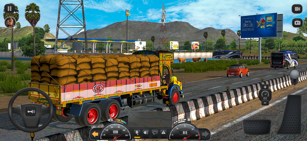 A decorated Indian truck carrying a heavy load of sacks on a highway in Truck Masters India Simulator.